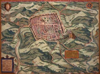 ゲオルク・ブラウン（1541-1622）とフランツ・ホーゲンベルグ（1535-90）による「Civitates Orbis Terrarum」より、カイアッツォの地図（1597年、彩色彫刻）