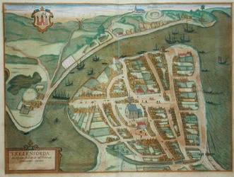 ゲオルク・ブラウン（1541-1622）とフランツ・ホーゲンブルク（1535-90）による「Civitates Orbis Terrarum」よりエーケレンフォルデの地図、1572年頃（彩色済み彫刻）