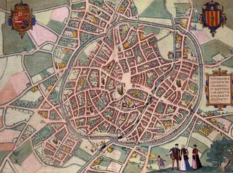 ゲオルク・ブラウン（1541-1622）とフランツ・ホーゲンベルグ（1535-90）による「Civitates Orbis Terrarum」からのメッヘレンの地図（1572-1617年頃）（彩色済みエングレービング