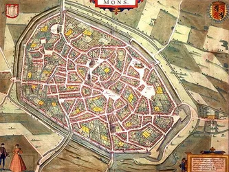 ゲオルク・ブラウン（1541-1622）とフランツ・ホーゲンベルグ（1535-90）による「Civitates Orbis Terrarum」からのモンスの地図（1572-1617年頃）（彩色済みの彫刻）。