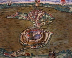 ゲオルク・ブラウン（1541-1622）とフランツ・ホーゲンベルグ（1535-90）による「Civitates Orbis Terrarum」からのラッツェブルグの地図 1588年（彩色済み彫刻）