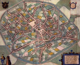 ゲオルク・ブラウン（1541-1622）とフランツ・ホーゲンベルグ（1535-90）による「Civitates Orbis Terrarum」からのティエンエンの地図（1572-1617年頃）（彩色済みエングレービング