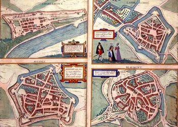 ゲオルク・ブラウン（1541-1622）とフランツ・ホーゲンベルグ（1535-90）による「Civitates Orbis Terrarum」からシャルルモン、ランドレキエス、アヴェネス、ボーモンの地図（1572-1617年頃）（彩色済み彫刻