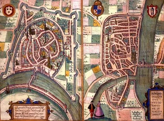 ジョージ・ブラウン（1541-1622）とフランツ・ホーゲンベルグ（1535-90）による「Civitates Orbis Terrarum」からのグルノーブルとロマンス＝シュル＝イゼールの地図（1572-1617年頃）（彩色済みエングレービング