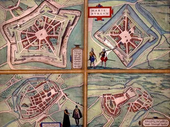 ゲオルク・ブラウン（1541-1622）とフランツ・ホーゲンベルグ（1535-90）による「Civitates Orbis Terrarum」からのフィリッペヴィル、マリエンブール、シメイ、ウォルクールの地図（1572-1617年頃）（彩色済みエングレーヴィング