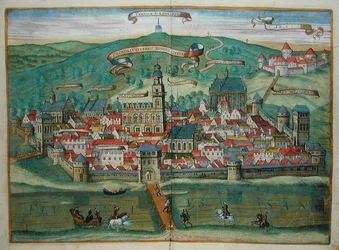 ゲオルク・ブラウン（1541-1622）とフランツ・ホーゲンブルク（1535-90）による「Civitates Orbis Terrarum」からプレミスリア、1572年頃（彩色済み彫刻）。