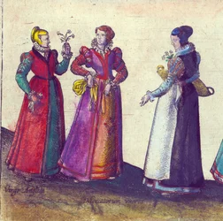 エリザベス朝時代のイギリスの女性、1598年（手彩色の銅版画）