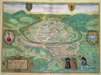 ブザンソンの地図、Georg Braun（1541-1622）とFrans Hogenberg（1535-90）による &39;Civitates Orbis Terrarum&39;から、1575（カラー彫刻）