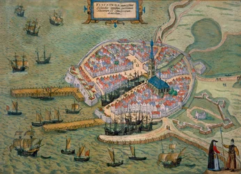 Geiss Braun（1541-1622）とFrans Hogenberg（1535-90）による &39;Civitates Orbis Terrarum&39;からのフリッシンガの地図c.1572-1617