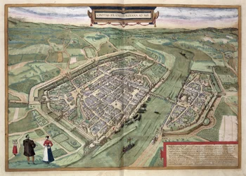 フランクフルトの地図、Georg Braun（1541-1622）とFrans Hogenberg（1535-90）による「Civitates Orbis Terrarum」、1572年頃（カラー彫刻）