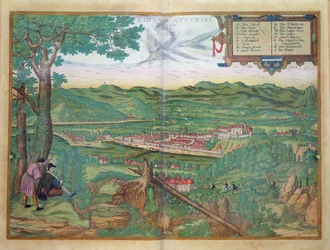 ブラウン（1541-1622）とフランツホーゲンバーグ（1535-90）1594による「世界」からのリンツの地図