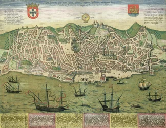 ゲオルク・ブラウン（1541-1622）およびフランス・ホーヘンベルフ（1535-90）による『世界の都市』からのリスボン地図、1572年頃