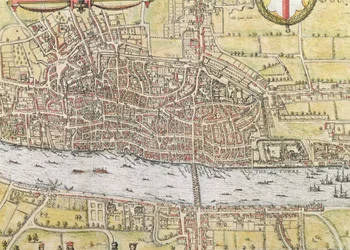 ブラウン（1542-1622）とフランスホーゲンベルク（1635-90）による「世界」からのロンドンの地図、1572年頃