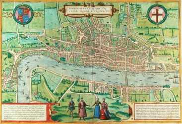 ロンドンの地図、ゲオルク・ブラウン（1542-1622）およびフランス・ホーヘンベルフ（1635-90）による『キウィタテス・オルビス・テラルム』より、1572年頃