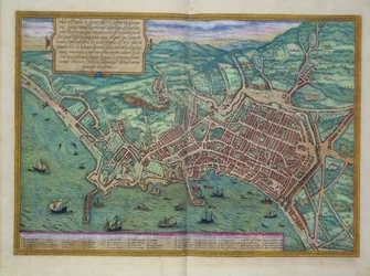 ゲオルク・ブラウン（1541-1622）とフランス・ホーヘンベルフ（1535-90）による『世界都市図』からのナポリ地図、1572年頃
