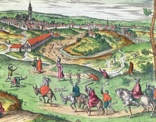 Gevit Braun 1541-1622とFrans Hogenberg 1535-90、121051の1593色の彫刻詳細によるCivitates Orbis Terrarumからのセビリアの町計画