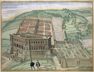 ゲオルクブラウン（1541-1622）とフランスホーゲンベルク（1535-90）による「シビテーツオルビステララム」、ヴィラファルネーゼと庭園の眺めc、1572-1617