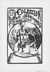 腰をかがめてサインを背負った女性を見つめる男性、「...」のイラスト、ca. 1890年。