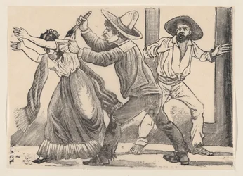 女性の袖をつかんで刺す男、「The murd..., 1891.」と題された一枚刷りより。