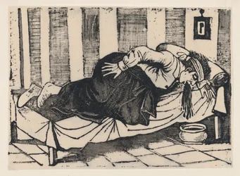 ベッドの横に寄りかかって嘔吐する男性、「アウレリオの死」と題されたブロードサイドから、1892年。