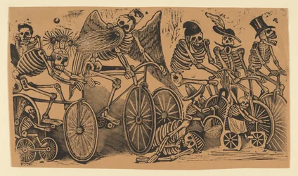 自転車に乗る骸骨カラベラ、1900年頃、1900年頃。