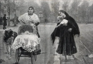 パリのチュイルリー公園にて - コントラスト - ホセ・ビジェガス・コルデロ(1844-1921)の絵画の後のエングレーヴィング