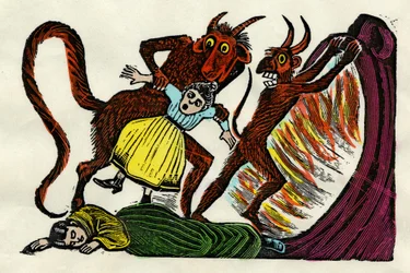 ホセ・グアダルペ・ポサダ（1852 - 1913）。悪魔に地獄に引きずり込まれるジョセフィナ・ローラ。キシログラフィック水彩画、メキシコ・シティ