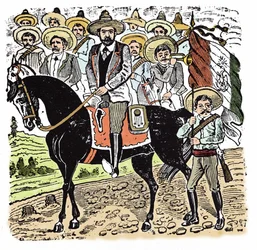 メキシコ革命（1910-1920）: メキシコの革命家フランシスコ・インダレシオ・マデロ（1873-1913）の肖像。ホセ・グアダルーペ・ポサダ（1852-1913）による木版画。