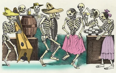 生きている死者："" Gran Fandango y Francachela de todas las Calaveras "", ホセ・グアダルペ・ポサダ（1852年 - 1913年）による死者の日（11月1日）の祝祭を描いたキシログラフィ。メキシコ。