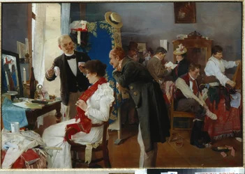 "In the Dressing Room" ショーの準備をするアーティストたち ジョセフ・ドゥーバ（1866-1928）の絵画 19世紀後半 油彩・キャンバス - 個人蔵