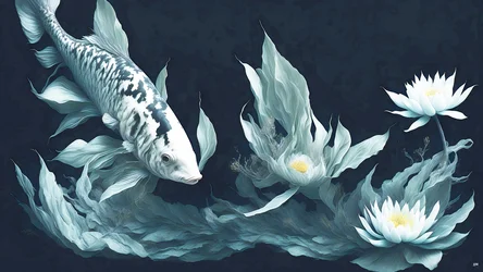 墨絵：鯉・鯉魚_白大理石_03