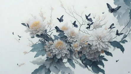 水墨画：菊の花・白_01