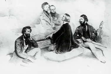 リスト宅でのマチネー、左からクリーフーバー、作曲家ヘクトール・ベルリオーズ（1803-1869）、リストの師匠カール・ツェルニー（1791-1857）、フランツ・リスト（1811-1866）、ヴァイオリニストのハインリッヒ・ヴィルヘルム・エルンスト（1840-1865）、リトグラフ：ヨーゼフ・クリーフーバー（1800-1876）。
