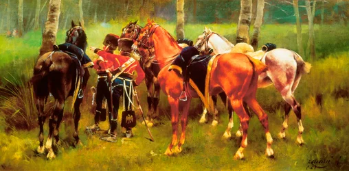 「森の中の軽騎兵と馬のグループ」Josep Cusachs i Cusachs (1851-1908) の絵画。 1905年。