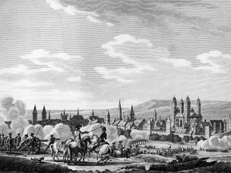 フランス革命とプロイセンの反革命運動。1792年10月、ドイツのシュパイアー市（ドイツ語でSpeyer）の占領。スウェバックの後にベルソーが描いたエングレーヴィング。パリ、革命史研究所の図書館