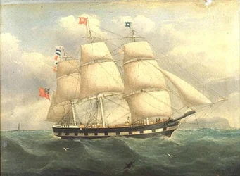 沖合にあるイギリスの四角い帆船