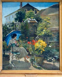 In the garden 傘をさした若い女性が花に囲まれています。ジョセフ・ベール（1862-1921）による絵画 20世紀リヨン、美術館