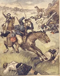 1850年から1902年のアングロ・ズールー戦争とアングロ・ボーア戦争中にイギリスのパトロールを攻撃するボーア・コマンドー、イラスト