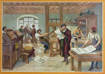 グーテンベルクによるムーバブル タイプ印刷の発明、A. Aymard 著「First Book of French History」のイラスト、アシェット発行