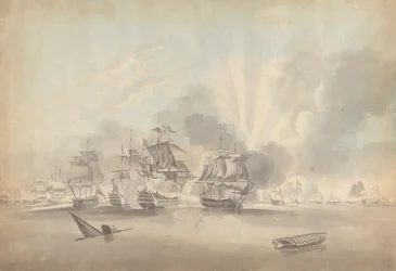 戦闘シーン: 戦艦、フリゲート艦、コルベット。 沈没船と手漕ぎボート