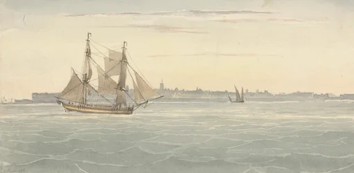 Single Brig (?) Another Sailing Vessel Against Outline of City on Background   1441743   ja       japanese Successfully Translated  Original: Portrait of the French writer Jules Verne (1828-1905) (Portrait of french writer Jules Verne) Illustration by Ales