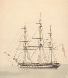 単一のコルベット (?) と海軍の制服を着た 3 人の人物とユニオン ジャック