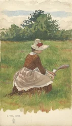 ビーチグラス1.VIII.1886、1886を集めている女性（紙に鉛筆とトイレ）