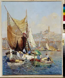 マルセイユの旧港の漁師 Fernand Van Den Bussche (1892-1975) による絵画 20 世紀 必須の記載: マルセイユのプロヴァンスに関するコレクション財団