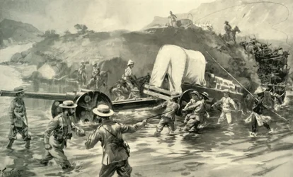 4.7の海軍砲をトゥゲラ島に運ぶ」1900年