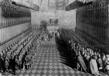 ウィリアム王子が1730年に出版されたJ.パインの彫刻が施された、祭壇で彼らの旗の下に立っている騎士をディーンに捧げる1730年に出版された