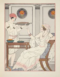 1934年の「ヒポクラテスの作品」からの挿絵、蜂蜜入りのごまケーキとスイーツの適度な消費