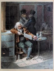 ガゼットの読書」：1824年、カフェで新聞「ガゼット」を読みながら眠る老人。ジョセフ・ルイ・イポリット・ベランジュ（1800-1866）によるリトグラフ 1824年 パリ、カルナヴァレ美術館