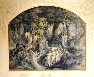 Ludwig Uhlandの「The Ballad of Harald」のイラスト（紙に鉛筆の上に水彩と白のボディカラーを重ねたもの）。