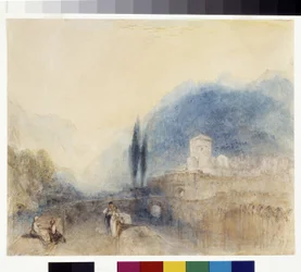 Bellinzona (白い紙にペンと赤インクを使った水彩画)